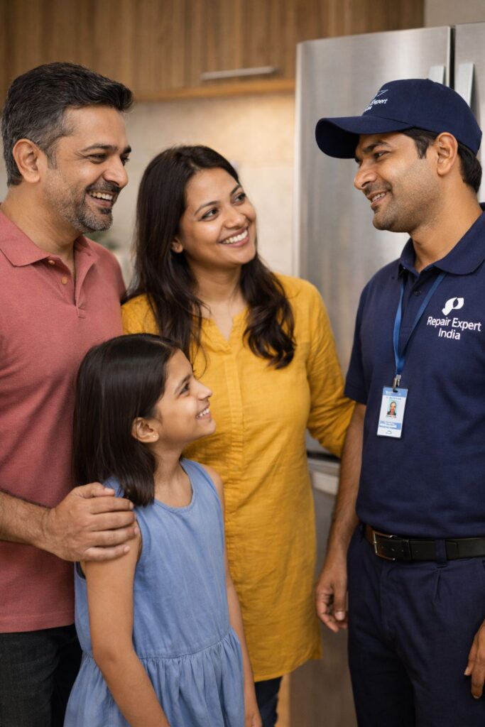 Happy family with repaired refrigerator after service by Repair Expert India in Kolkata