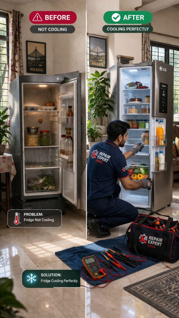 LG fridge before and after repair showing cooling issue fixed by technician in Kolkata