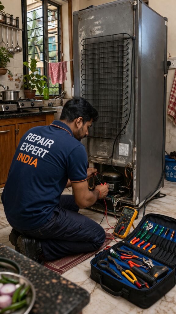 Technician repairing fridge compressor and condenser coils from back in Kolkata