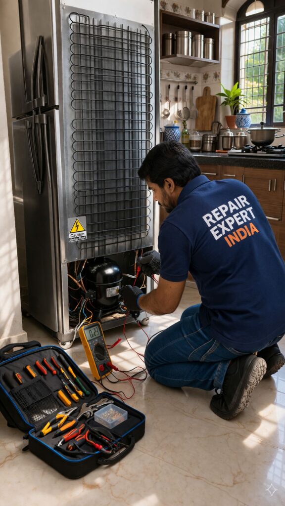 Panasonic fridge repair technician fixing compressor and condenser coils from back in Kolkata