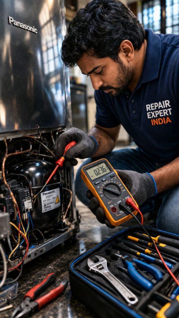 Close up of technician repairing fridge compressor using tools in Kolkata