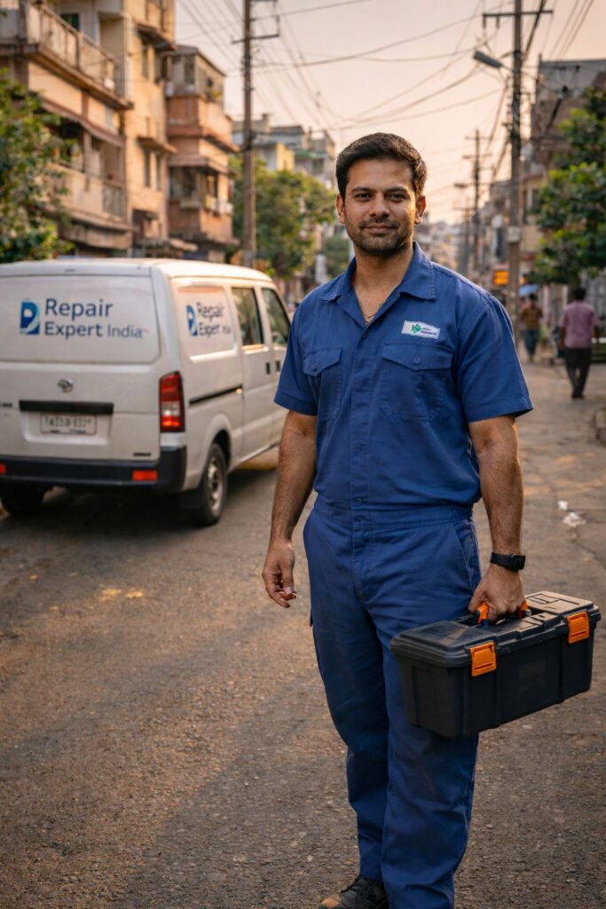Refrigerator repair technician with toolbox near residential street in Tollygunge Kolkata