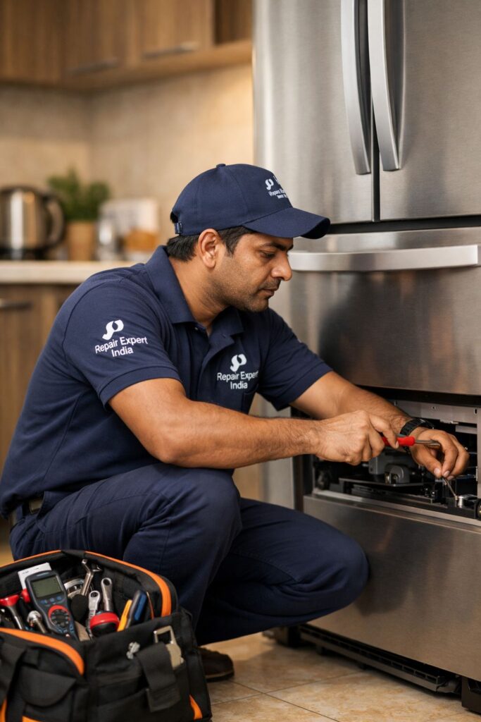 Repair Expert India technician repairing a double door refrigerator at home in Kolkata