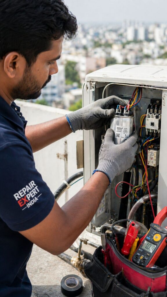 Samsung AC capacitor problem repair by technician in Hyderabad outdoor unit