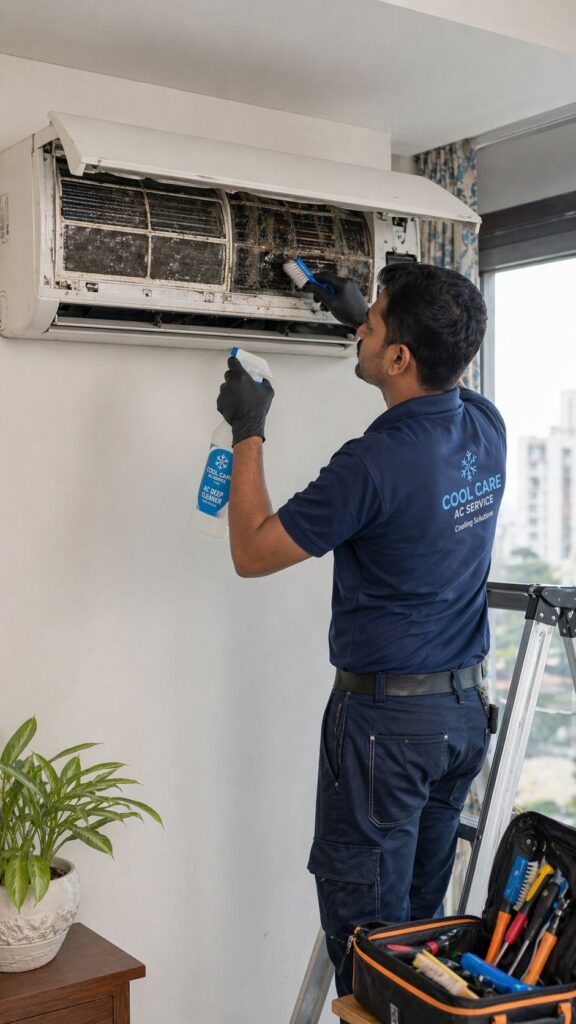 technician performing Samsung AC smell problem cleaning Hyderabad service