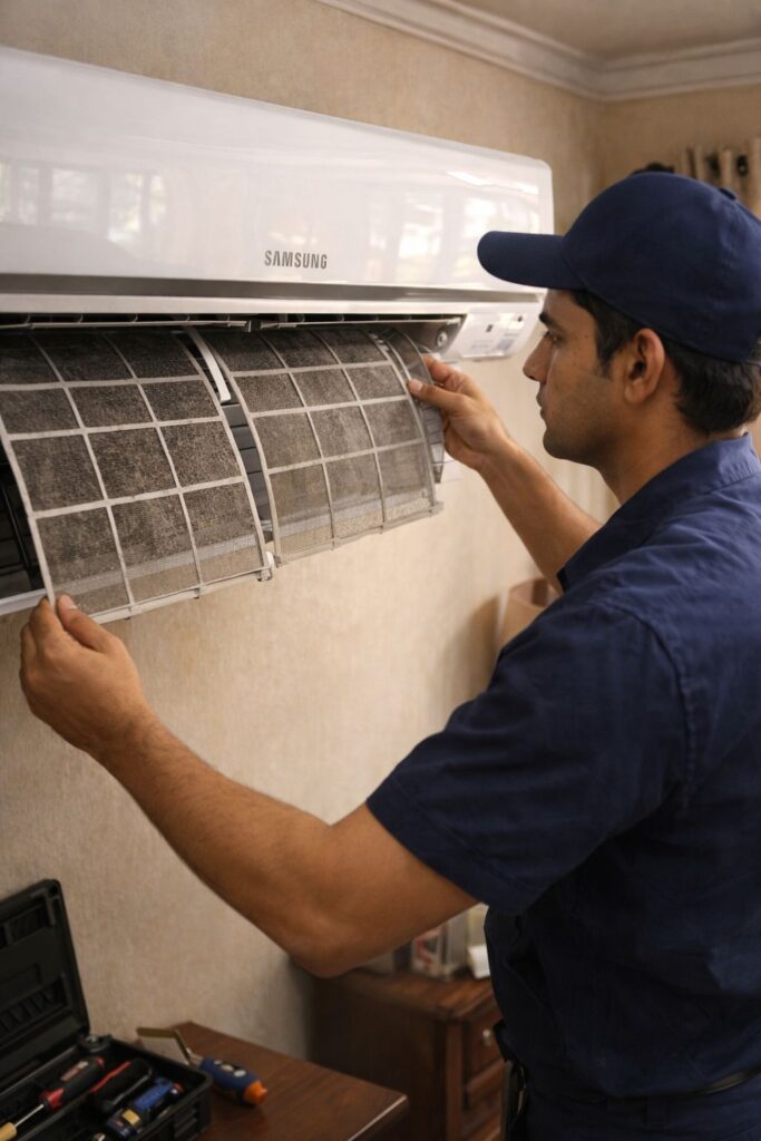 Samsung AC dirty air filter being cleaned by technician in Hyderabad