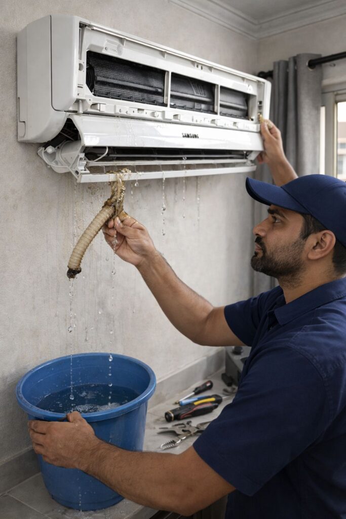 Close-up of a Samsung AC leaking water from the indoor unit, showing signs of clogged drain pipe and moisture buildup.