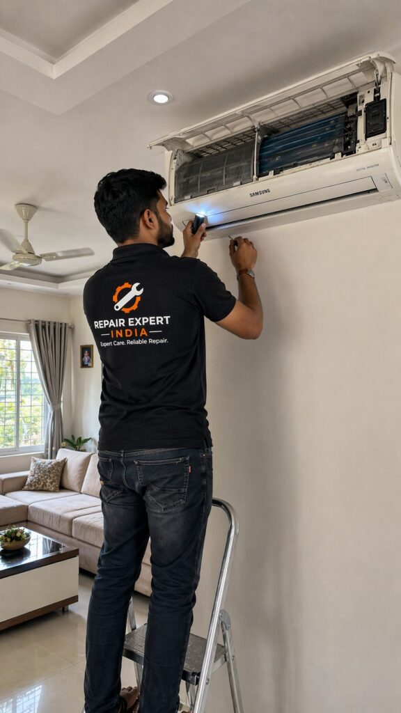 Samsung AC gas filling Hyderabad technician checking refrigerant pressure indoor unit