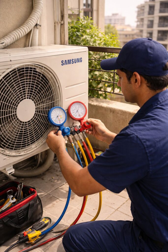 Technician checking Samsung AC gas leak in Hyderabad balcony