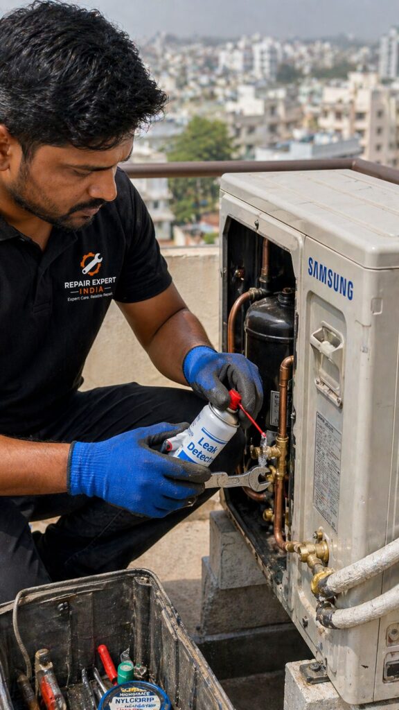 Samsung AC gas leakage repair Hyderabad technician fixing copper pipe in outdoor unit