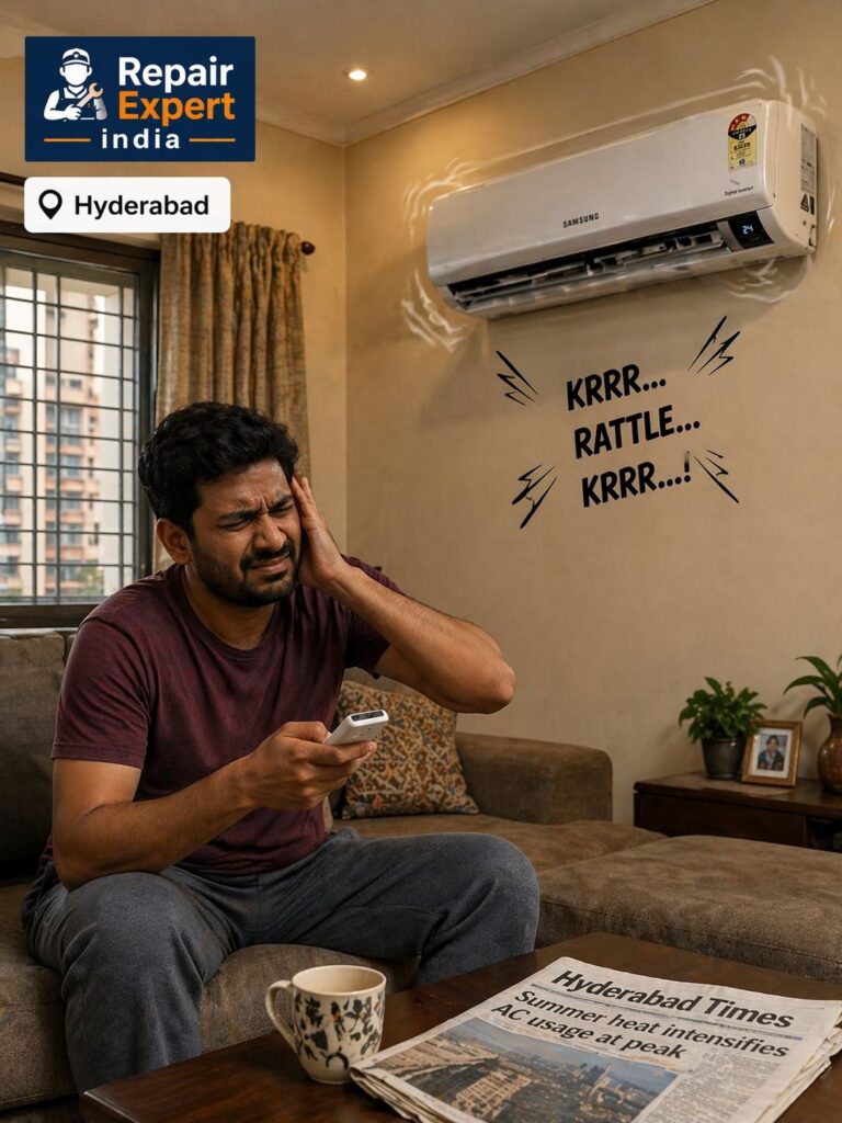 Samsung AC making loud noise in Hyderabad home with frustrated user holding remote