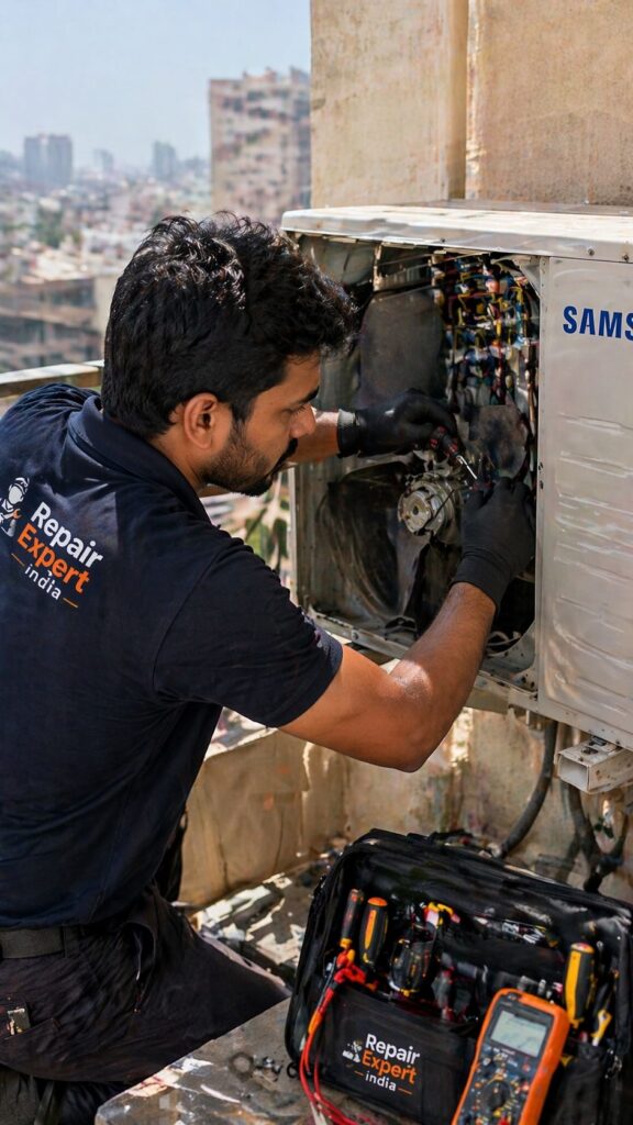 Samsung AC outdoor unit noise repair Hyderabad technician fixing fan motor issue