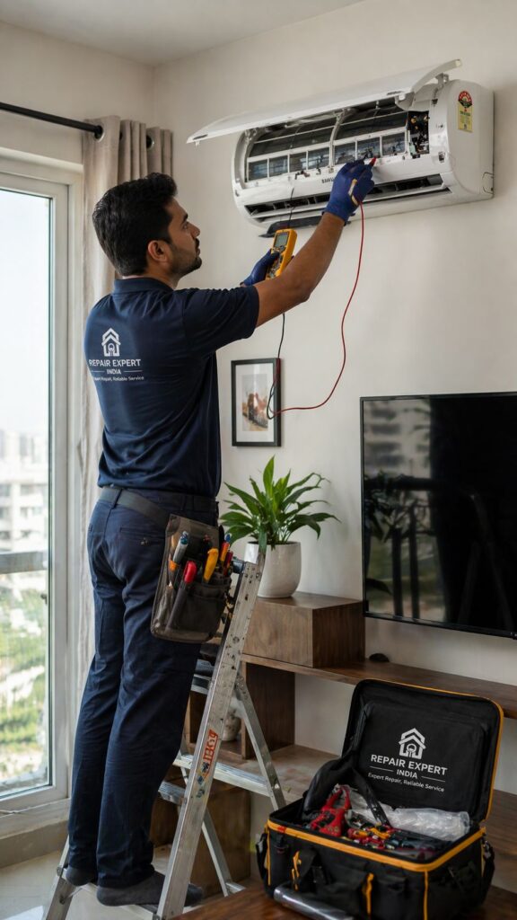 technician fixing Samsung AC remote sensor problem in Hyderabad home