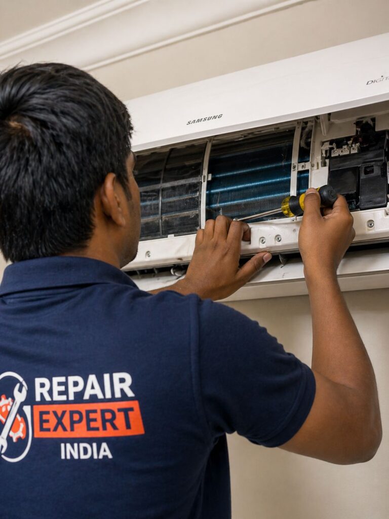 Close-up of technician repairing Samsung AC not cooling Kolkata with professional service near me