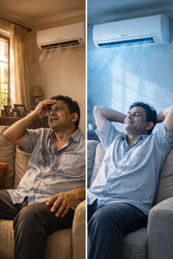 Voltas AC cooling before and after repair in Hyderabad home