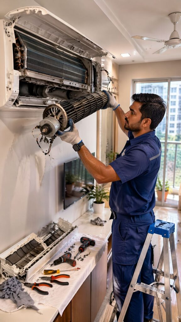 Voltas AC fan not working Hyderabad technician repairing indoor AC unit fan motor