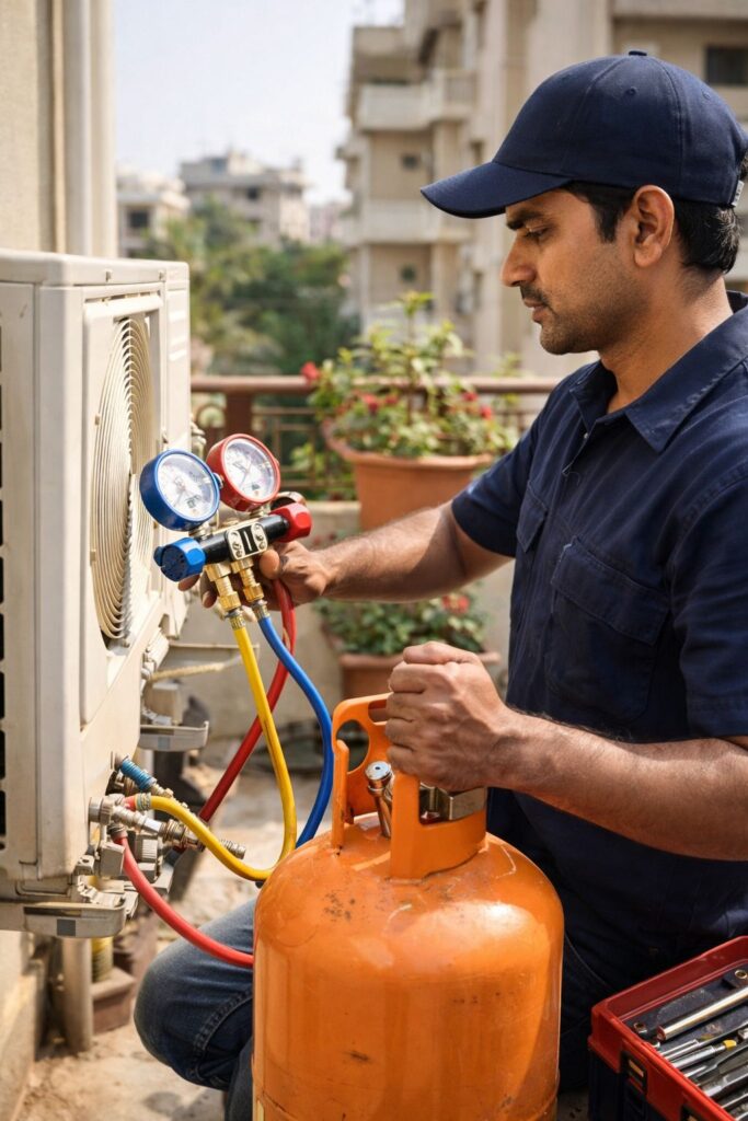Technician performing Voltas AC gas filling Hyderabad service using refrigerant tools