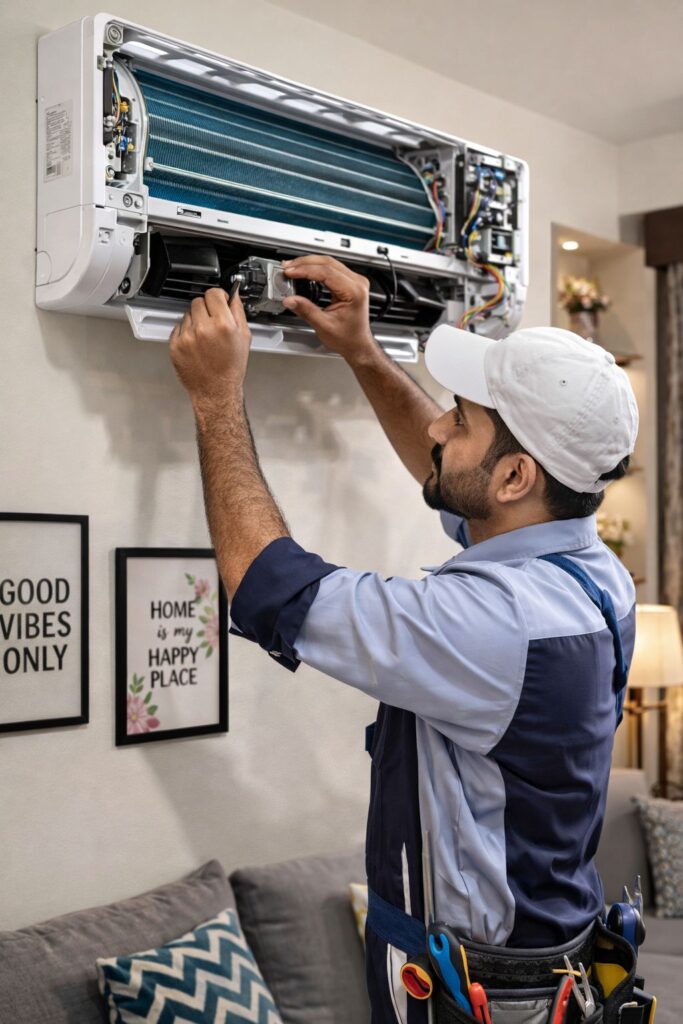 Technician performing Voltas AC noise problem repair service in Hyderabad