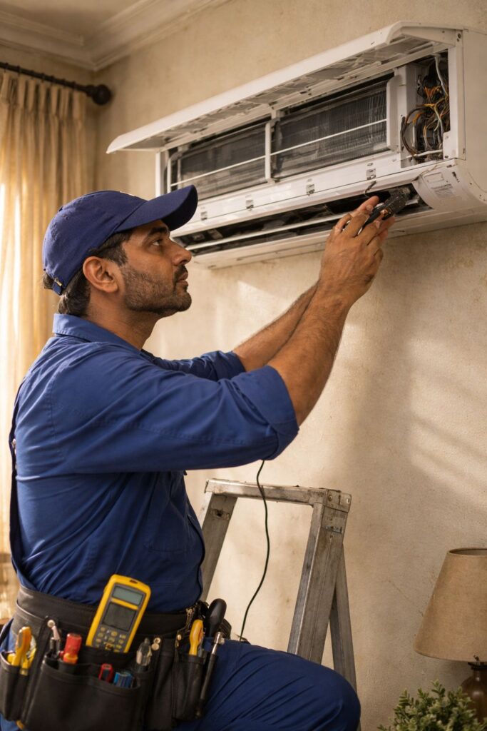 Voltas AC repair service in Hyderabad technician fixing split AC unit