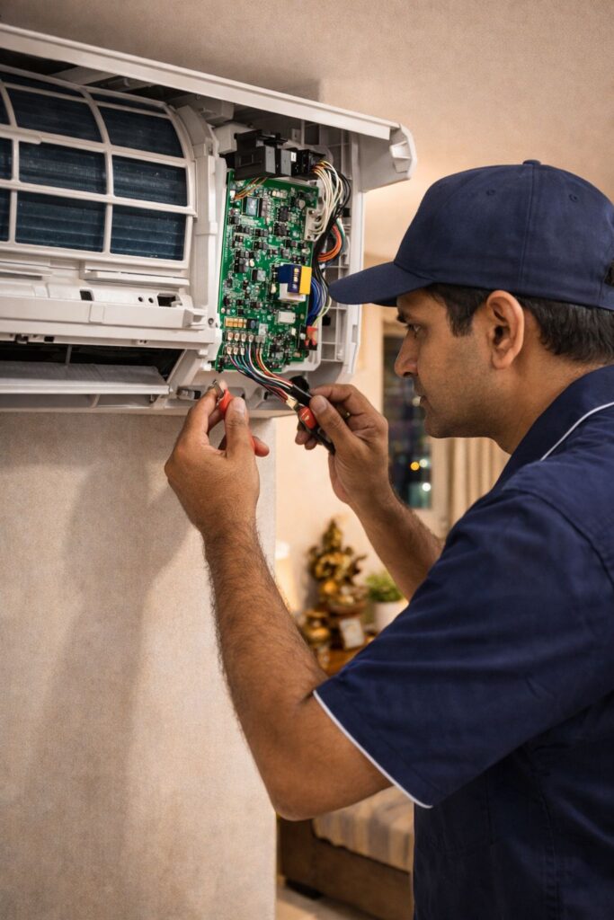 Technician repairing PCB for Voltas AC not working Hyderabad service