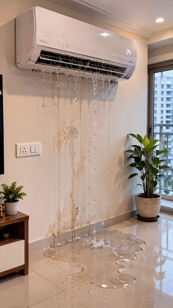 Voltas AC water leakage from indoor unit due to drain pipe blockage in Hyderabad home