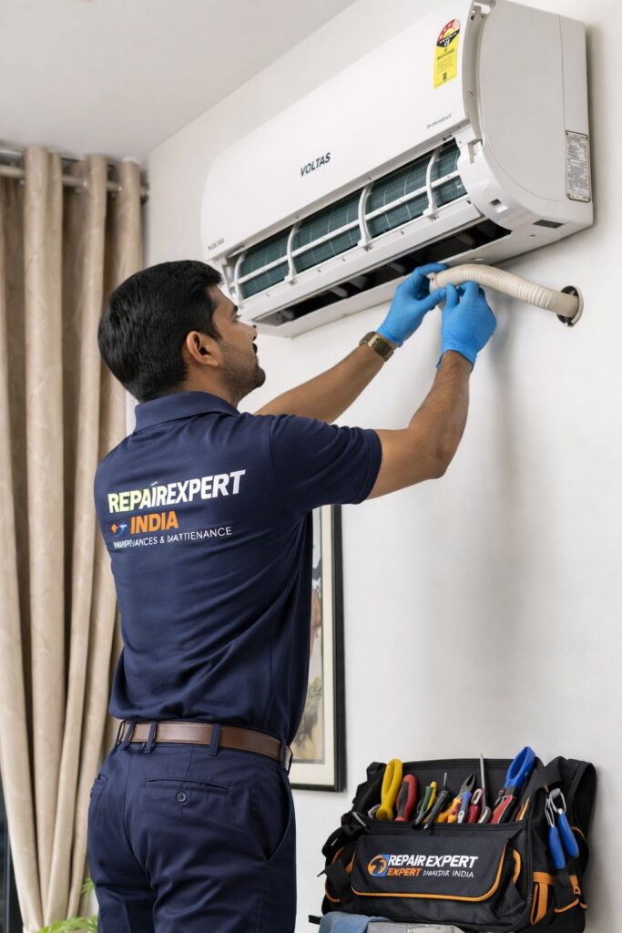 Technician performing Voltas AC water leakage repair service in Hyderabad home