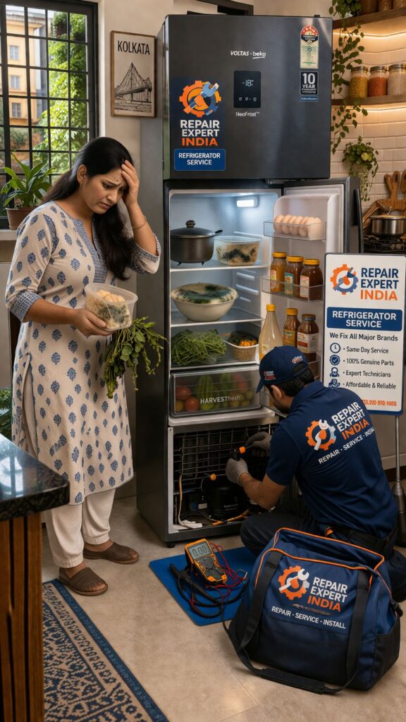 Voltas Beko fridge not cooling issue with technician repair service in Kolkata home kitchen