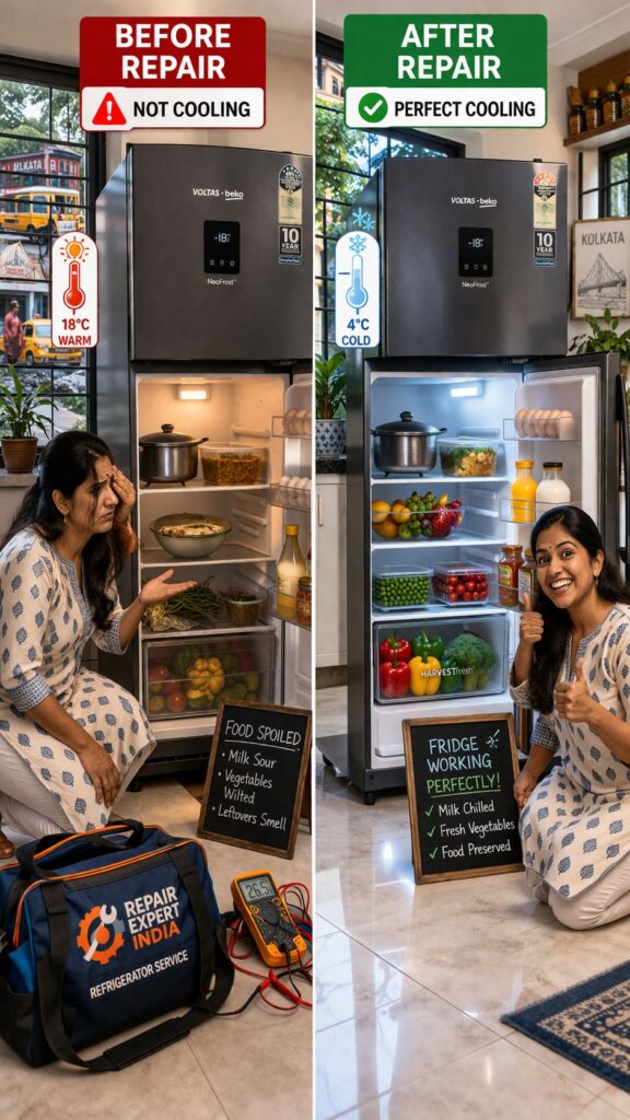 Before and after Voltas Beko fridge repair showing cooling issue fixed in Kolkata
