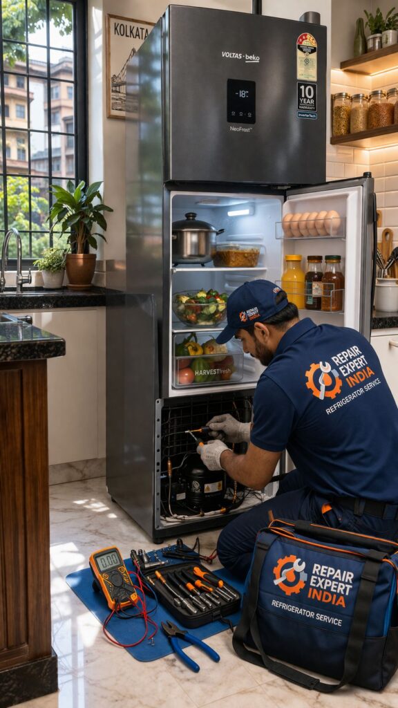 Professional technician repairing Voltas Beko refrigerator in Kolkata at home service