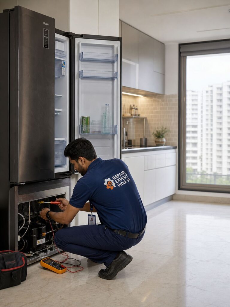 haier fridge repair new town technician fixing refrigerator in modern apartment