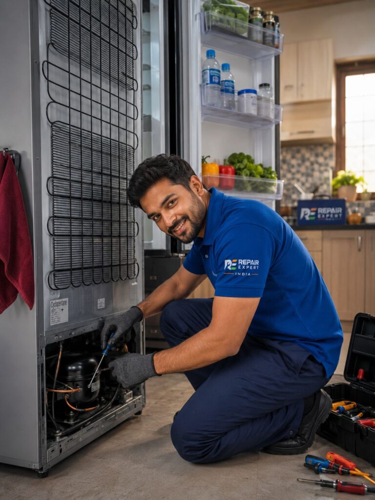 Smiling refrigerator technician repairing a double-door fridge in a modern kitchen
