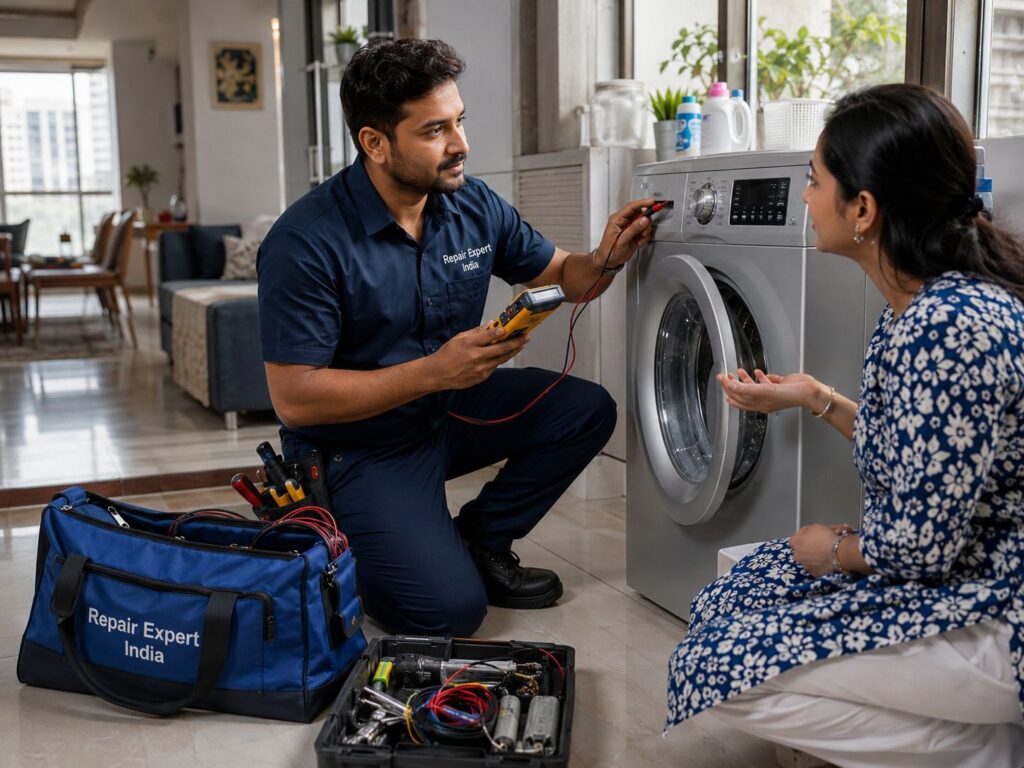 Repair Expert India technician inspecting an LG washing machine during a doorstep repair service in Kolkata.