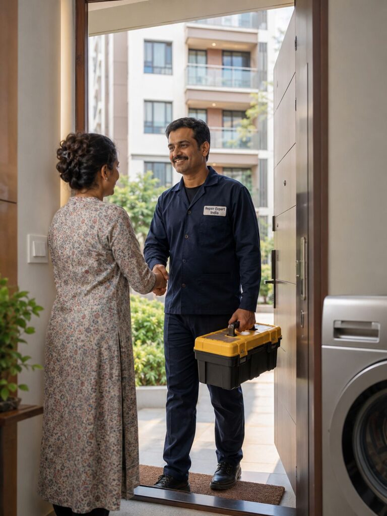 Repair Expert India technician providing doorstep Samsung washing machine repair service at a customer's home in Kolkata.