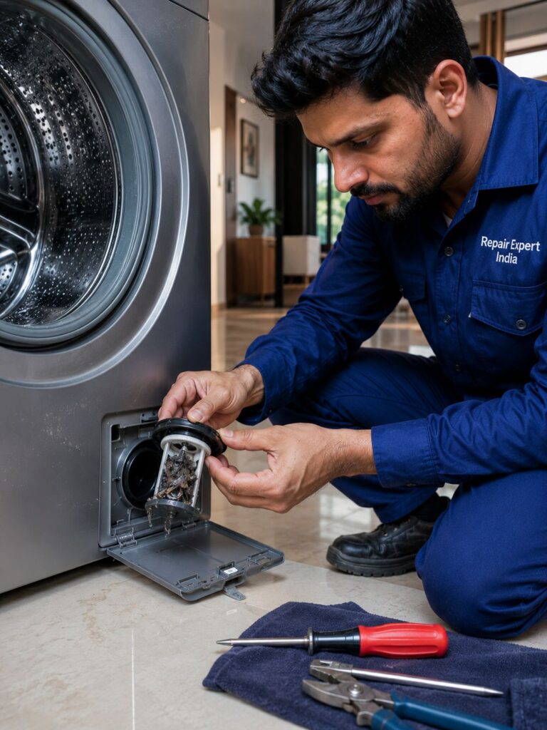 Technician checking the drain pump of an IFB washing machine during repair in Kolkata.