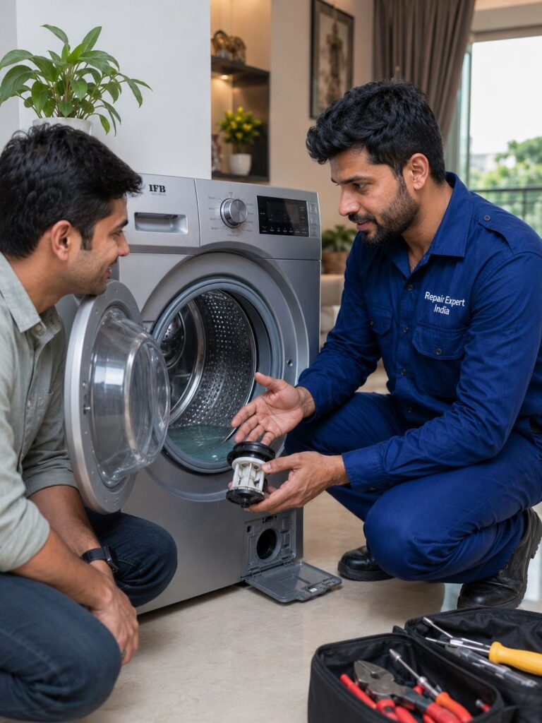 Professional technician explaining an IFB washing machine drainage issue to a customer in Kolkata.