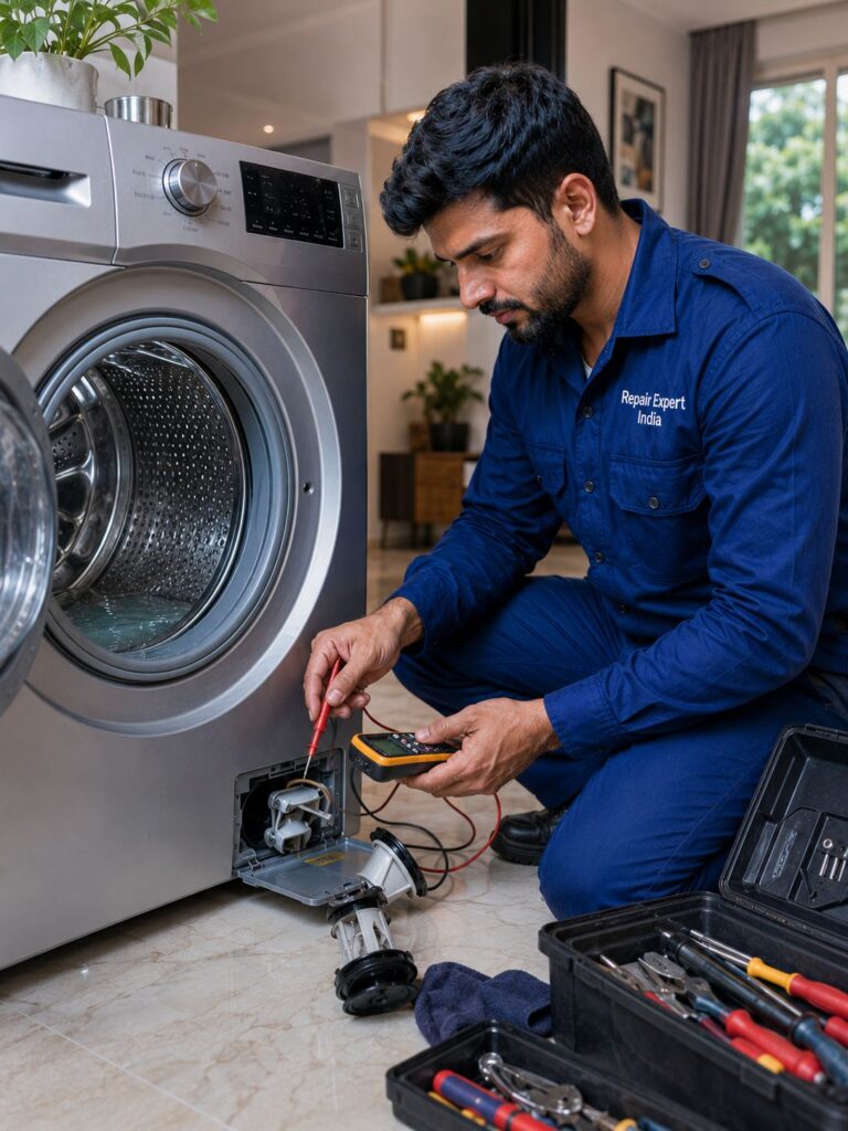 Experienced technician repairing the drain pump of an IFB front-load washing machine in Kolkata.