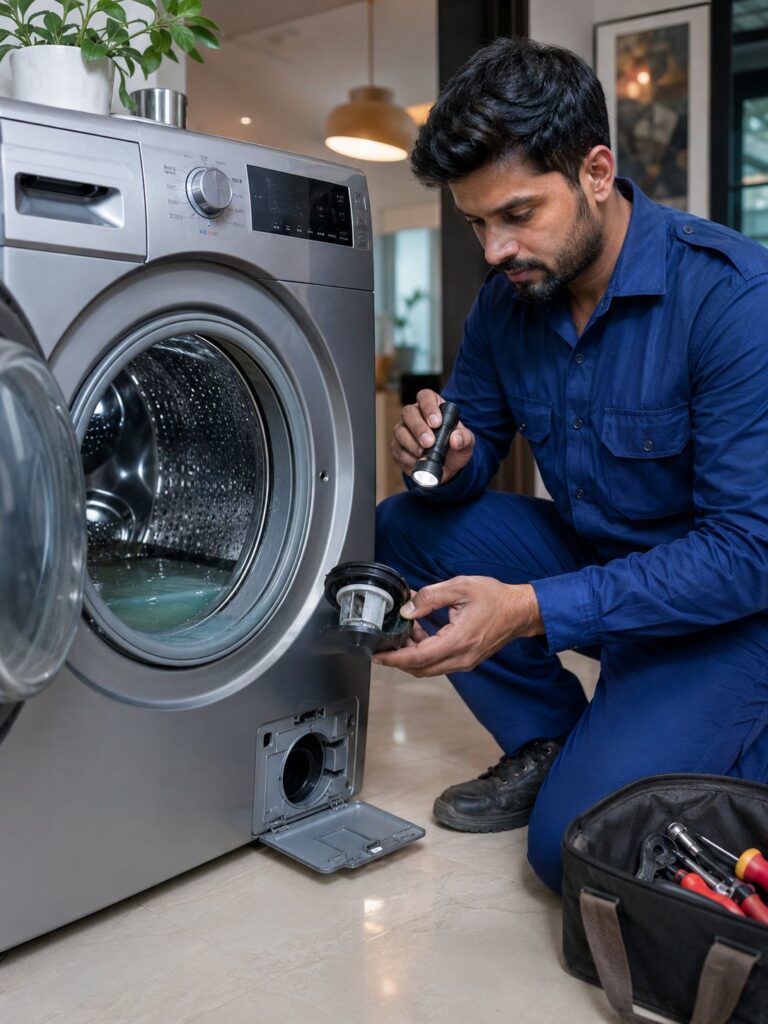 Professional technician repairing an IFB washing machine not draining water in Kolkata by inspecting the drain filter.