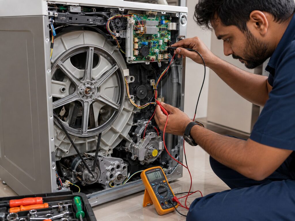 Close-up of a technician repairing the motor and PCB of an LG washing machine using professional diagnostic equipment.