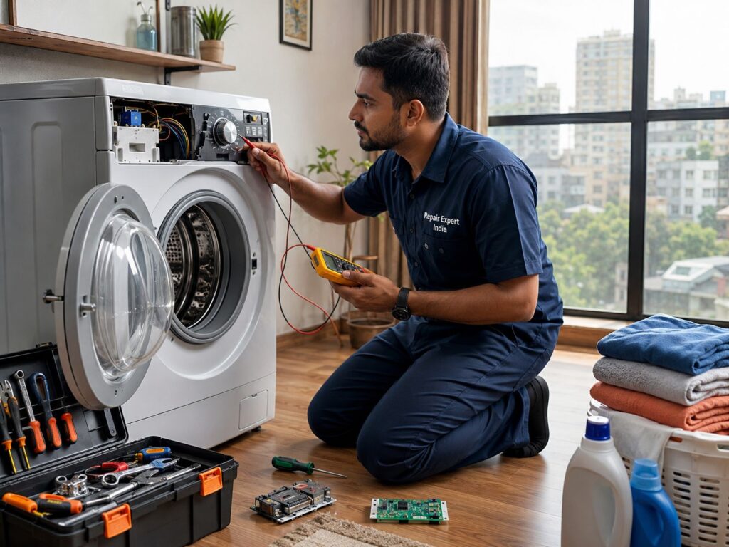 Professional technician repairing a front load LG washing machine at a customer's home in Kolkata by Repair Expert India.