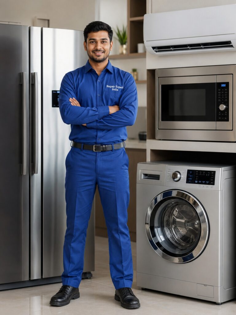 Professional Repair Expert India technician in a blue uniform standing beside a double-door refrigerator, split AC, front-load washing machine, and built-in microwave in a modern home.