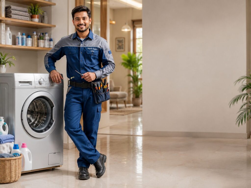 Professional appliance repair technician standing beside a modern LG washing machine ready to provide doorstep repair service in Kolkata.