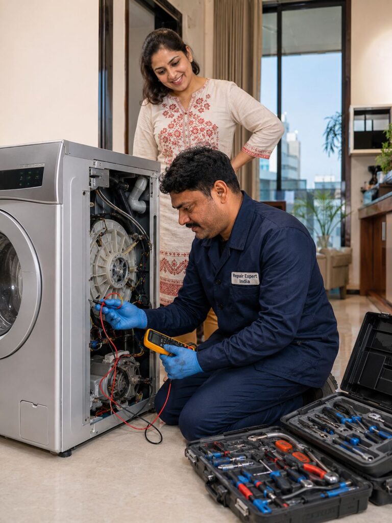 Technician performing preventive maintenance on a Samsung front load washing machine in Kolkata.