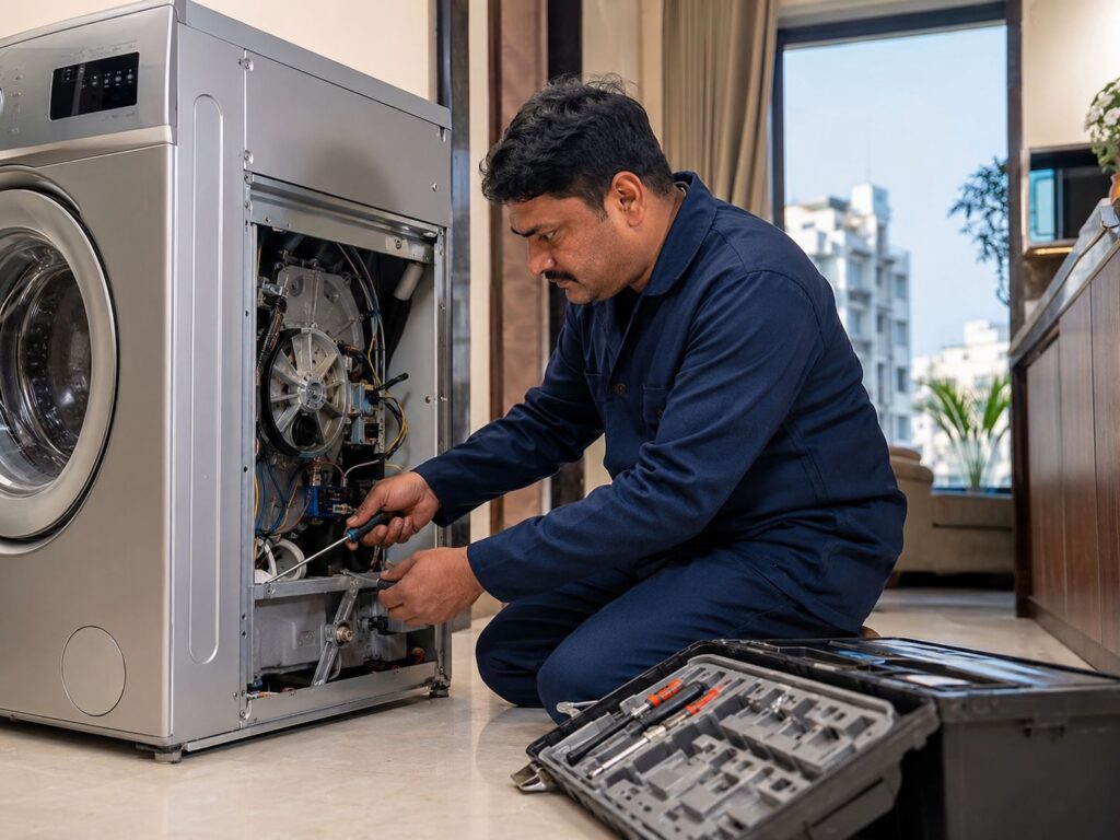 Technician repairing a Samsung front load washing machine at a customer's home in Kolkata with doorstep appliance repair service by Repair Expert India.