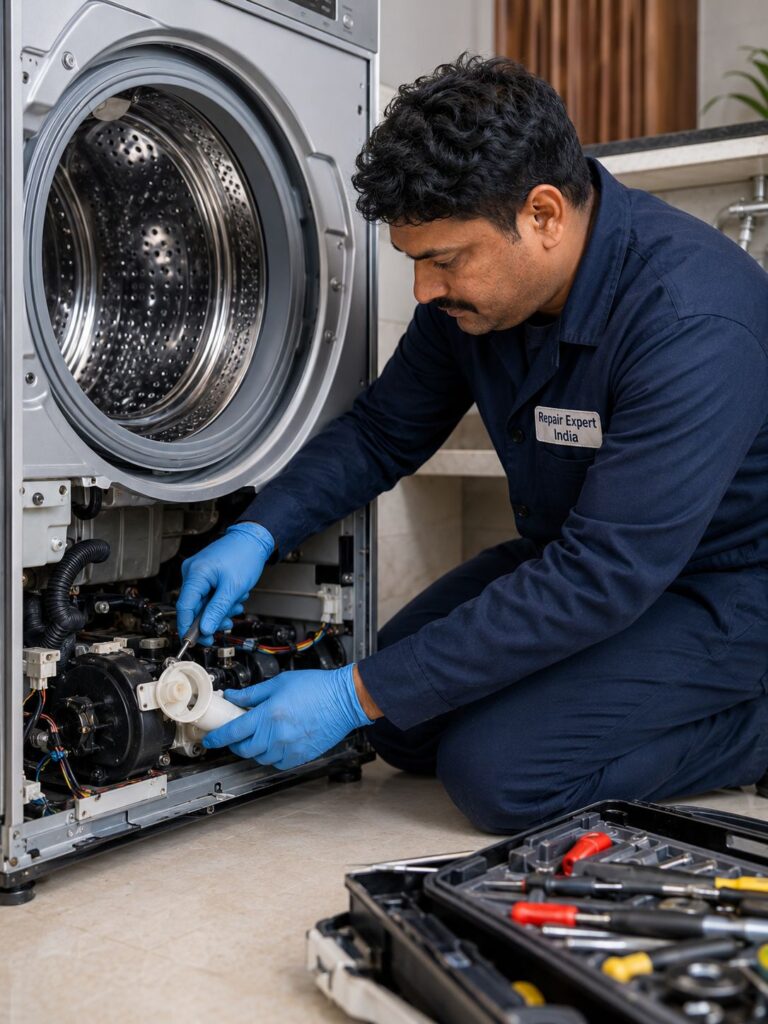 Experienced appliance technician diagnosing a Samsung washing machine in Kolkata using professional repair tools.
